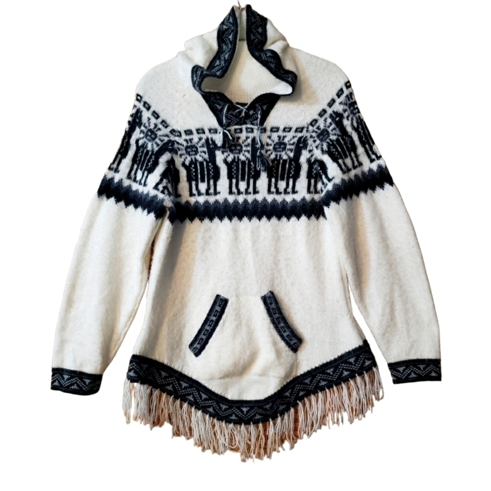 Kactus Peru Lama White Hoodie sweatshirt, Alpaca, Size S